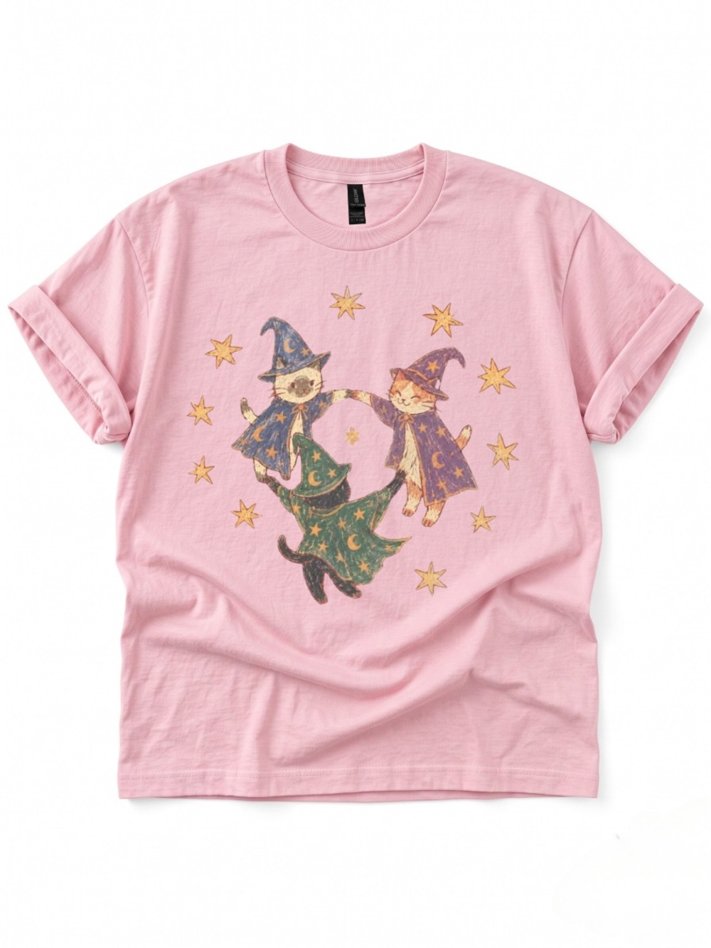 Gildan Pink Tee with Witch Cats and Stars